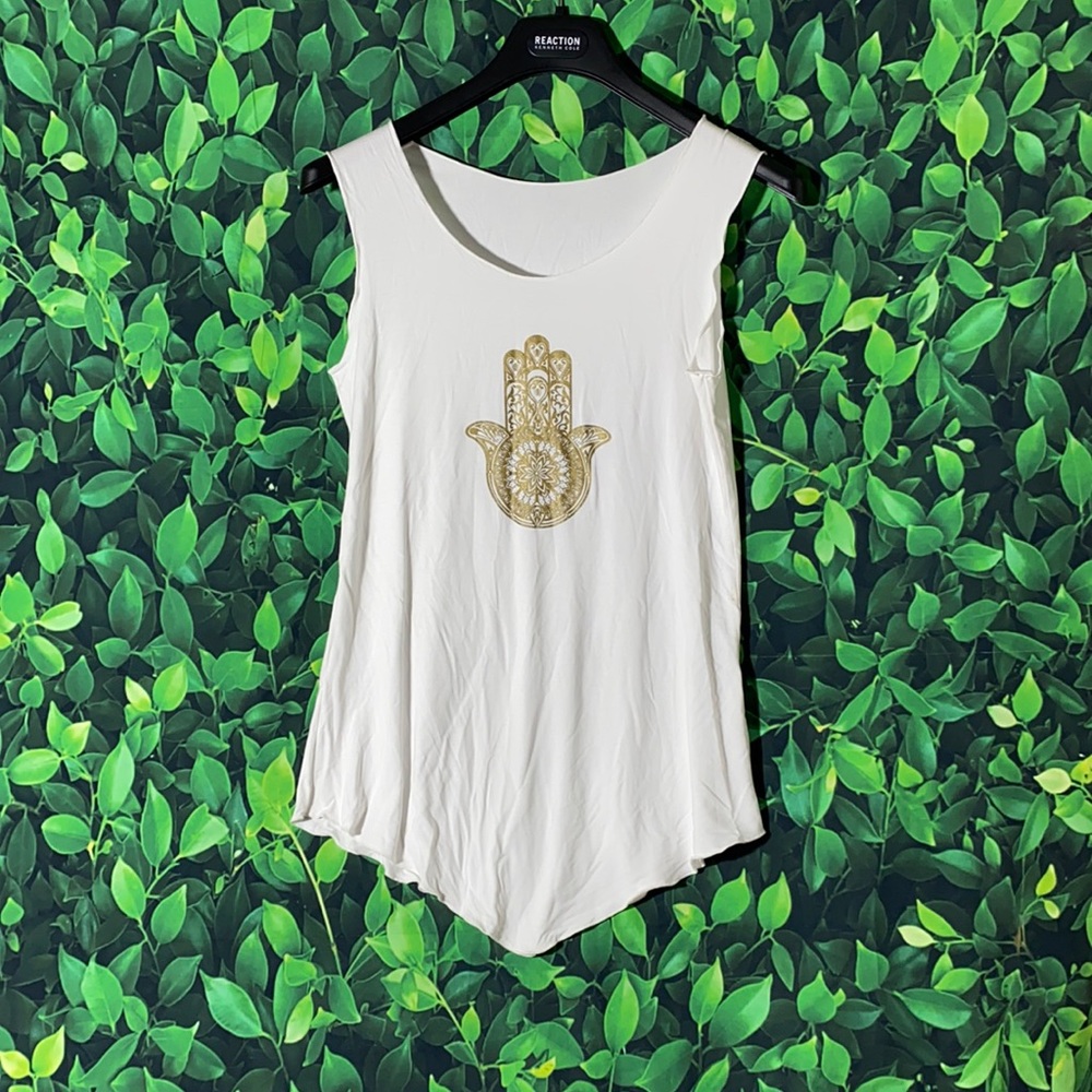 Women's White Lucky Family Collection Large Yoga Hand Symbol Hamsa in Gold